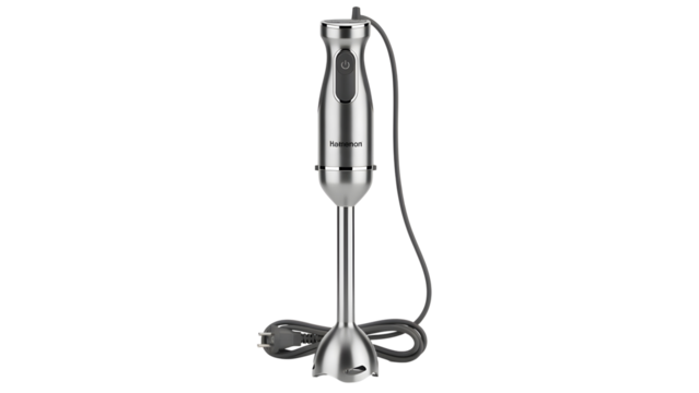 Modern stainless steel immersion blender on a White background