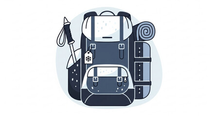 Illustration of a blue and white hiking backpack with a rolled sleeping mat and trekking pole attached