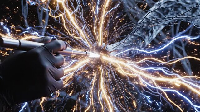 Gloved hand wielding probe approaching glowing neural core. Cinematic extreme macro of electrical insertion sparking energy burst. Futuristic neural stimulation and discharge visualization.