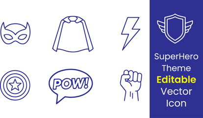 Superhero theme line icons, mask, cape, lightning bolt, shield star, comic bubble, emblem badge, thin outline minimal style, white background. © Eyerin