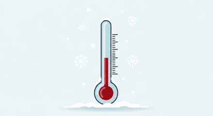 Vector illustration of a thermometer showing a low temperature with snowflakes falling in the background, symbolizing cold weather or freezing conditions