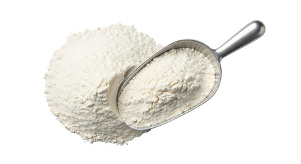 Scoop of white flour isolated on transparent background, ready for baking bread