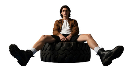 Confident young man posing with tire and wearing stylish boots on a black background offering a striking contrast suitable for fashion industry promotions providing ample