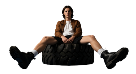 Confident young man posing with tire and wearing stylish boots on a black background offering a striking contrast suitable for fashion industry promotions providing ample