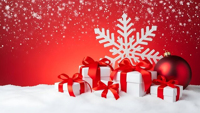 Festive christmas gifts with red ribbons and snowflake decoration on red background