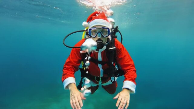 Scuba diver wearing a santa claus suit and hat swimming underwater in clear blue water. Humorous christmas holiday concept for a tropical vacation or winter travel promotion