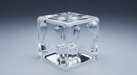 Realistic 3d rendering of a clear glass or crystal ice cube with internal texture resting on a reflective surface against a soft gradient background