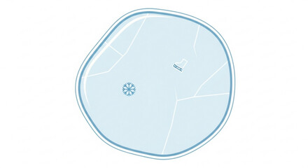 Top view illustration of a light blue, irregularly shaped swimming pool or water feature with internal markings and a central drain