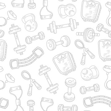 Sport, fitness pattern background. Fitness and gym doodle hand drawn pattern. Doodle gym seamless pattern background. Hand drawn gym.