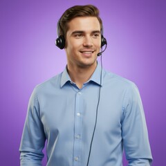 Smiling male customer service agent wearing a headset