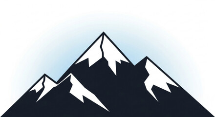 Stylized illustration of dark mountain peaks with snow caps against a light blue gradient sky, representing adventure and nature