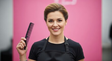 Smiling female hairdresser holding a black comb