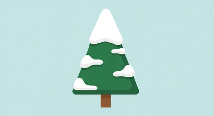 Simple cartoon illustration of a green fir tree covered with white snow patches against a light blue background for winter holiday design