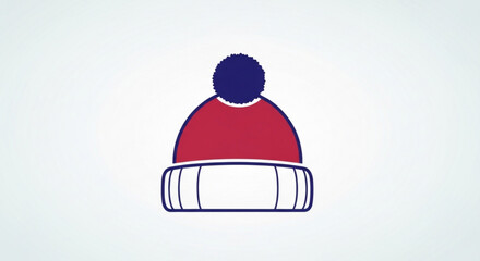 Simple illustration of a red and white winter beanie hat with a dark blue pompom on top