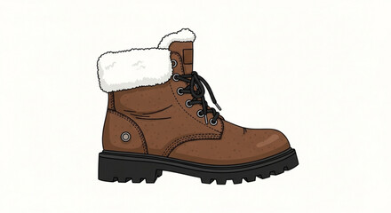 Illustration of a single brown leather winter boot with white fur cuff and black laces