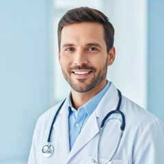 Smiling male doctor with stethoscope in a bright setting