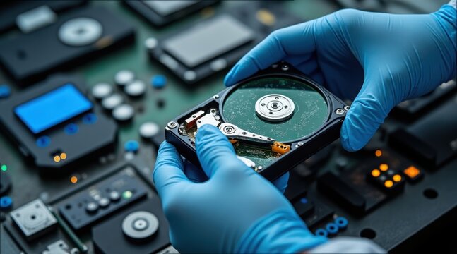 Hands in Latex Gloves Handling a Hard Drive on a Workbench
