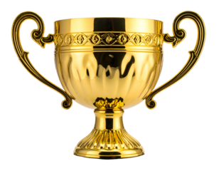 Ornate gold chalice trophy with ornate handles and decorative band