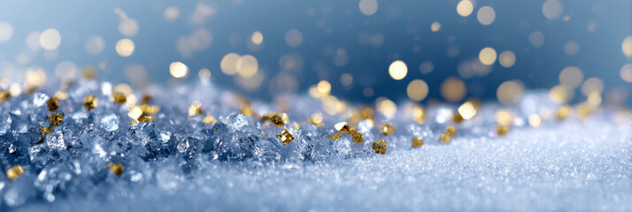 Sparkling crystals and golden glitter scattered on soft white surface, creating a magical winter wonderland atmosphere with shimmering light reflections