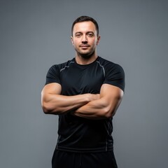 Muscular man in black athletic shirt with arms crossed