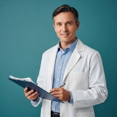 Smiling male doctor in white coat holding a clipboard