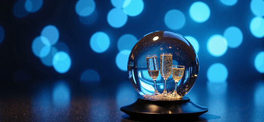 Side view of glass orb with miniature champagne flutes and swirling glitter on sleek black base against blue bokeh.