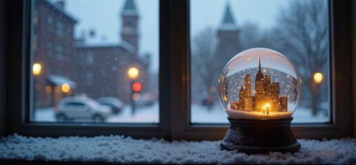 Moody twilight shot of a glowing city skyline snow globe on a frosted windowsill amid gentle snowfall and warm interior glow