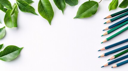 A collection of green leaves and sharpened colored pencils are arranged on a clean white surface. The leaves are positioned in the upper left corner, while the