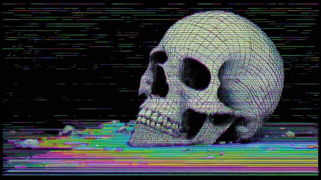 Wireframe Skull Rises From Corrupted Digital Code in a Striking Glitch Art Representation of a Cyber Attack Scenario - Powered by Adobe