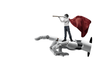 A child uses artificial intelligence, symbolically represented as a cyber robotic hand, to search for information. Isolated on free png background. Child-safe AI technologies concept.