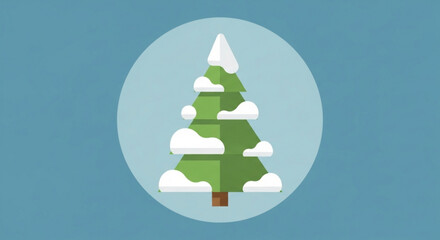 Simple flat design illustration of a green pine tree covered with white snow, set inside a light blue circle against a solid blue background for a winter or holiday theme