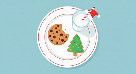 Plate with chocolate chip cookie, milk in glass with santa hat straw, and christmas tree cookie for santa claus tradition illustration