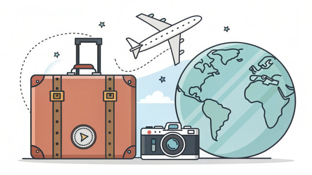 Vintage suitcase, airplane, camera, and globe illustration inspiring wanderlust and adventure, perfect for travel blogs and vacation promotions worldwide