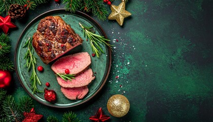 Festive green background green with sliced roast beef with rosemary on plates surrounded by christmas decorations. Christmas Eve concept. Top view photo meat