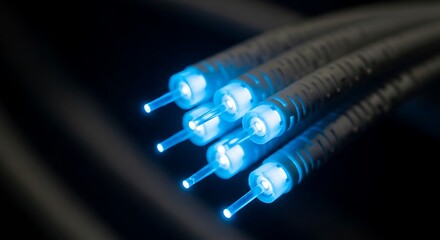 A close-up of fiber optic cables glowing with bright blue light against a dark, blurred background, showcasing technology and connectivity.