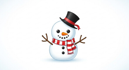 Cute cartoon snowman character wearing a black top hat and a red and white striped scarf