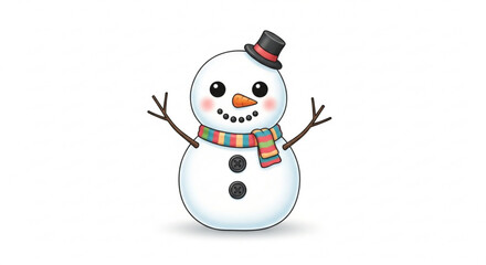Cute cartoon snowman character with black top hat, colorful striped scarf, and coal buttons