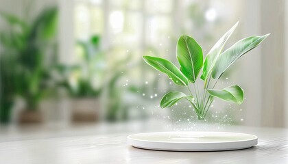 A vibrant green plant appears to float magically above a minimalist white podium. The background is softly blurred, showing more plants and natural light, creat