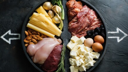 Educational Diet Plate Showing Balanced Protein, Fats, and Carbs With Arrows Indicating Direction Towards the Belly for Health Understanding