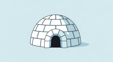 Simple cartoon illustration of a traditional igloo made of snow blocks with an arched doorway, set against a light blue background