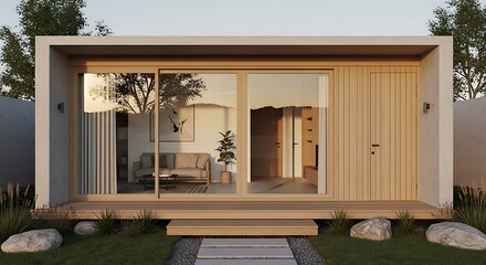 Modern minimalist tiny house with wooden facade and large glass wall in a tranquil garden setting.