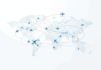 Blue stylized world map illustration with interconnected flight paths airplanes and city landmarks representing global travel and logistics. © Nining