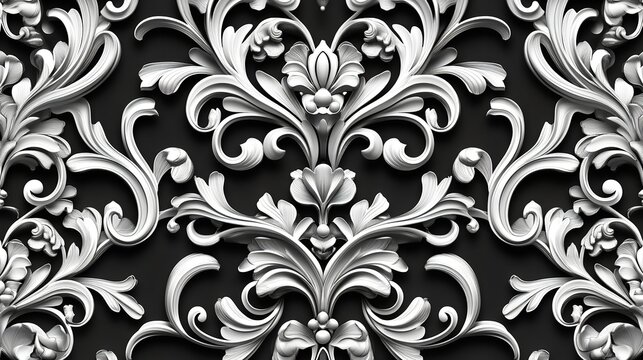 Elegant baroque style floral ornament pattern in silver and black, featuring intricate scrollwork and decorative elements