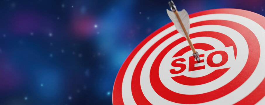 Arrow hitting center of target represents success in SEO strategy. focused goal for search engine optimization to achieve top ranking on internet with digital marketing