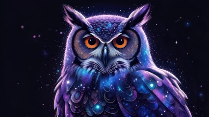 Close-up of a stylized owl, vibrant purple and blue feathers, glowing with cosmic sparkles, against a dark background