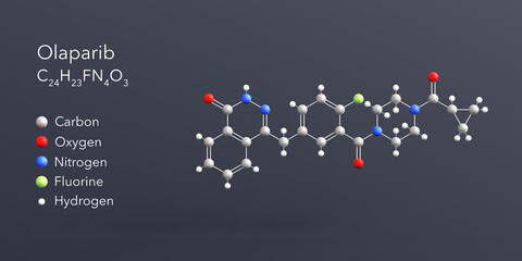 olaparib molecule 3d rendering, flat molecular structure with chemical formula and atoms color coding © Сергей Шиманович