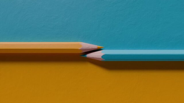 abstract 3d render of rolling and color changing blue and orange pencils, 4k loop