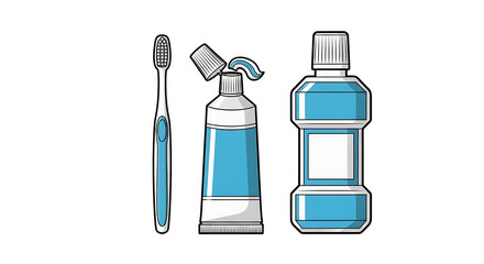 Essential oral hygiene collection for daily dental care, featuring a toothbrush, toothpaste, and mouthwash, promoting fresh breath, healthy gums, and sparkling teeth