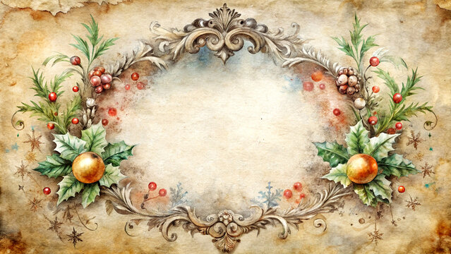Luxurious vintage Christmas frame with ornate scrollwork, holly, berries, and ornaments on aged paper background. Use on sites/blogs about: holidays, invitations, retro design, luxury, greetings