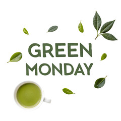 Green Monday Matcha Tea: Healthy Beverage & Fresh Leaves for Wellness on transparent background